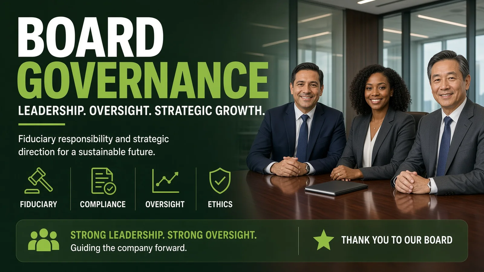 Board Governance: Leadership, Oversight, Strategic Growth. Fiduciary, Compliance, Oversight and Ethics. Three board members seated at a conference table.