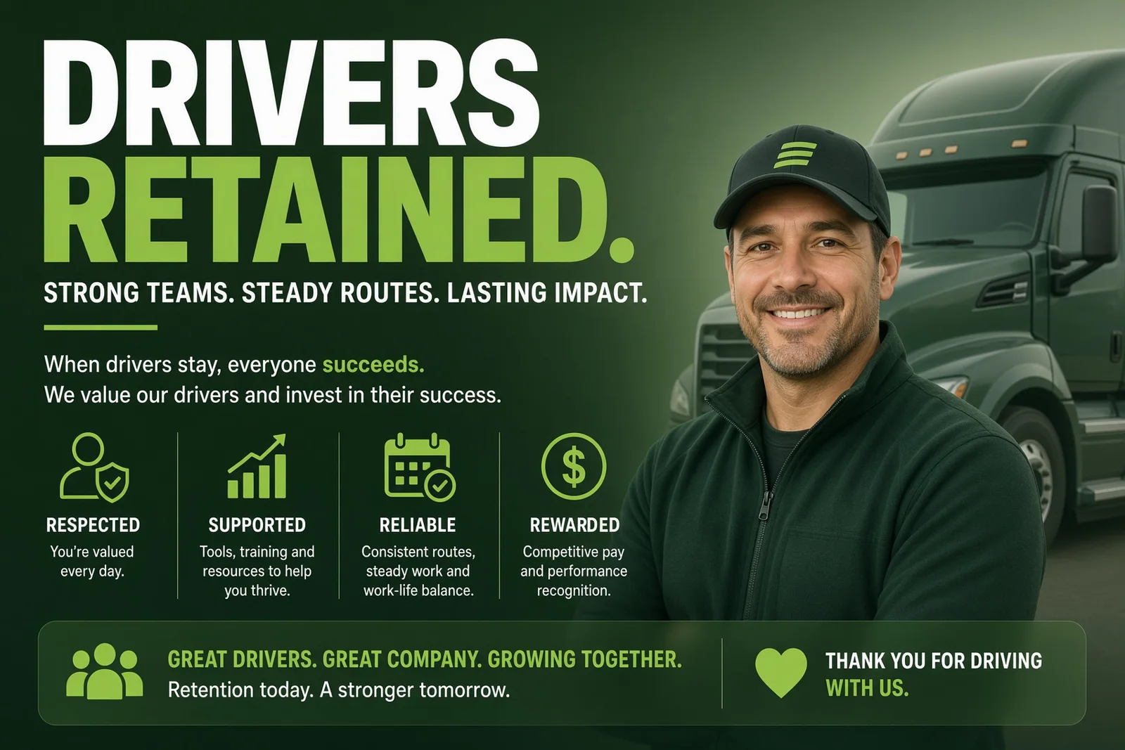 Drivers Retained: Respected, Supported, Reliable, Rewarded. A smiling truck driver in front of a tractor-trailer.